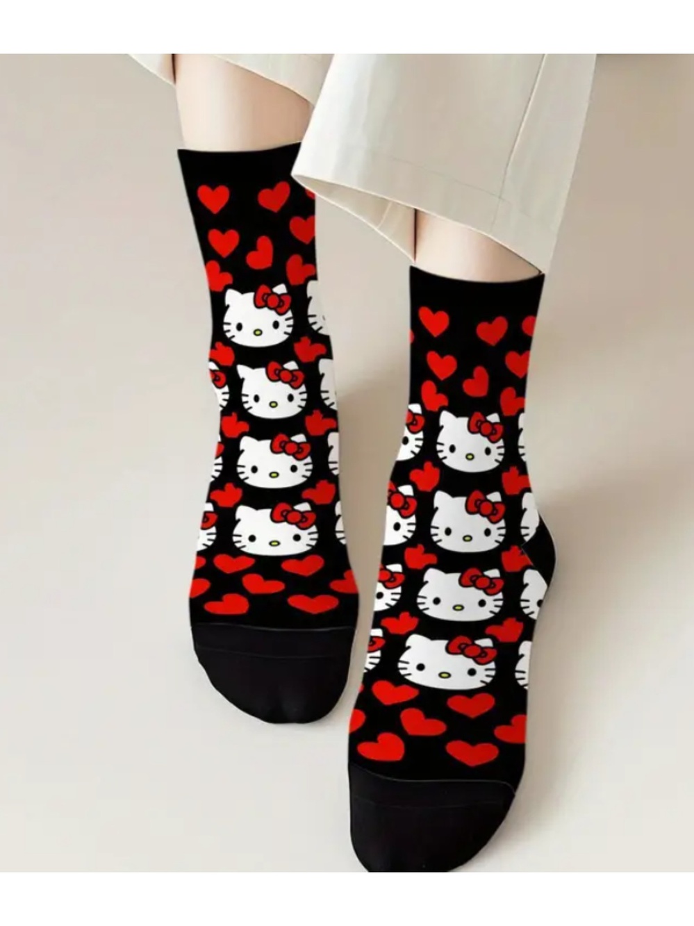 Hello Kitty & Red Hearts Mid-Calf Socks Cute Cartoon Cat Design One Size